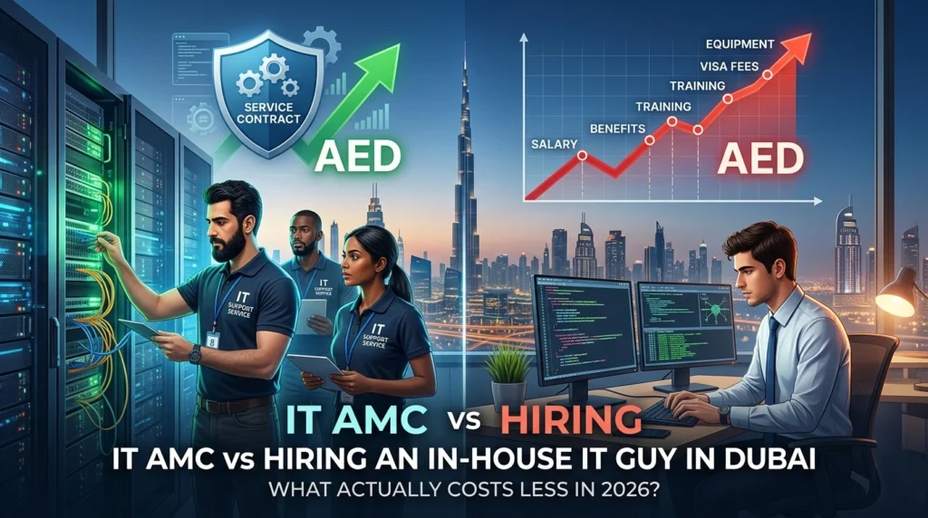 IT AMC vs in-house IT cost comparison in Dubai showing service contract vs rising employee expenses