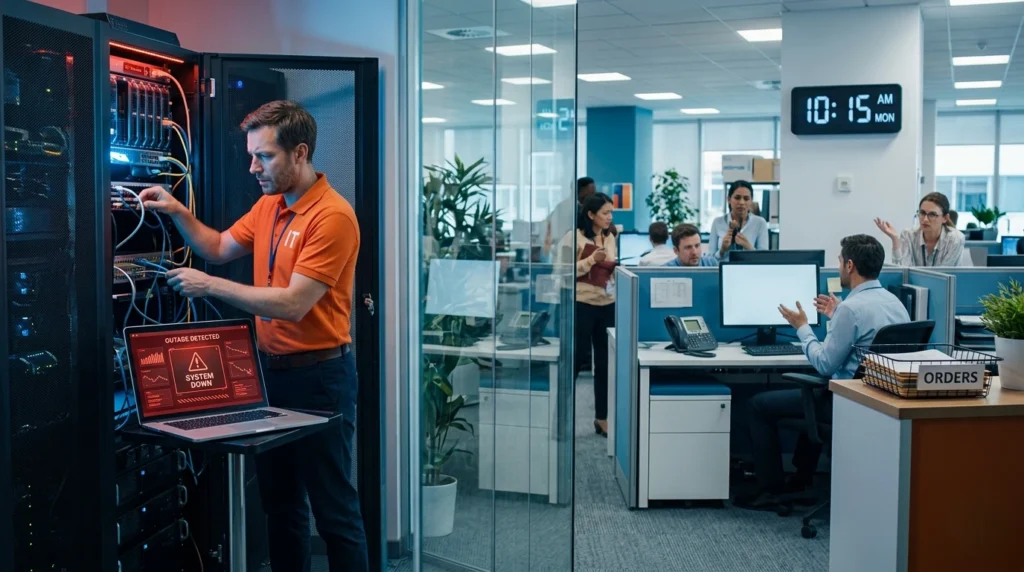 An IT IT support failure during peak business hours as an IT technician fixes a server outage while office staff face system downtime and workflow disruption.