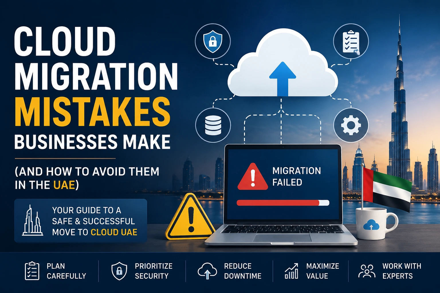 Illustration of cloud migration process highlighting common cloud migration mistakes, cloud security, data migration, and UAE business cloud infrastructure.