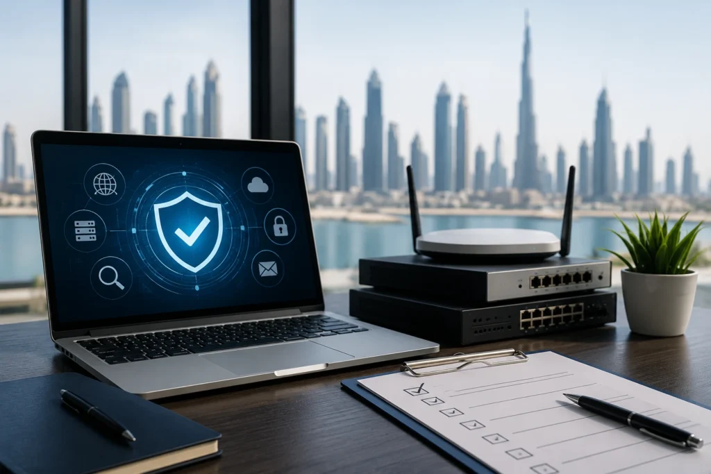 IT audit checklist UAE showing business IT infrastructure including laptop, network equipment, cybersecurity dashboard, and audit checklist in a modern office.