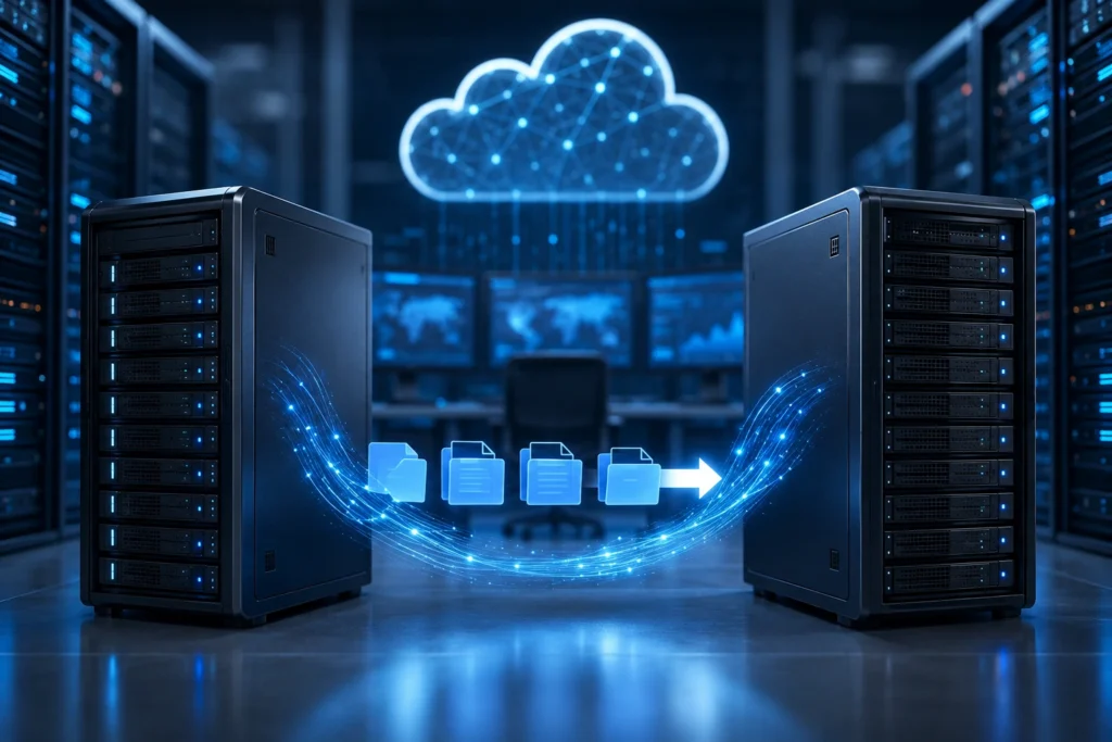 Server migration checklist concept showing secure data transfer between two business servers with cloud infrastructure in a modern data center.